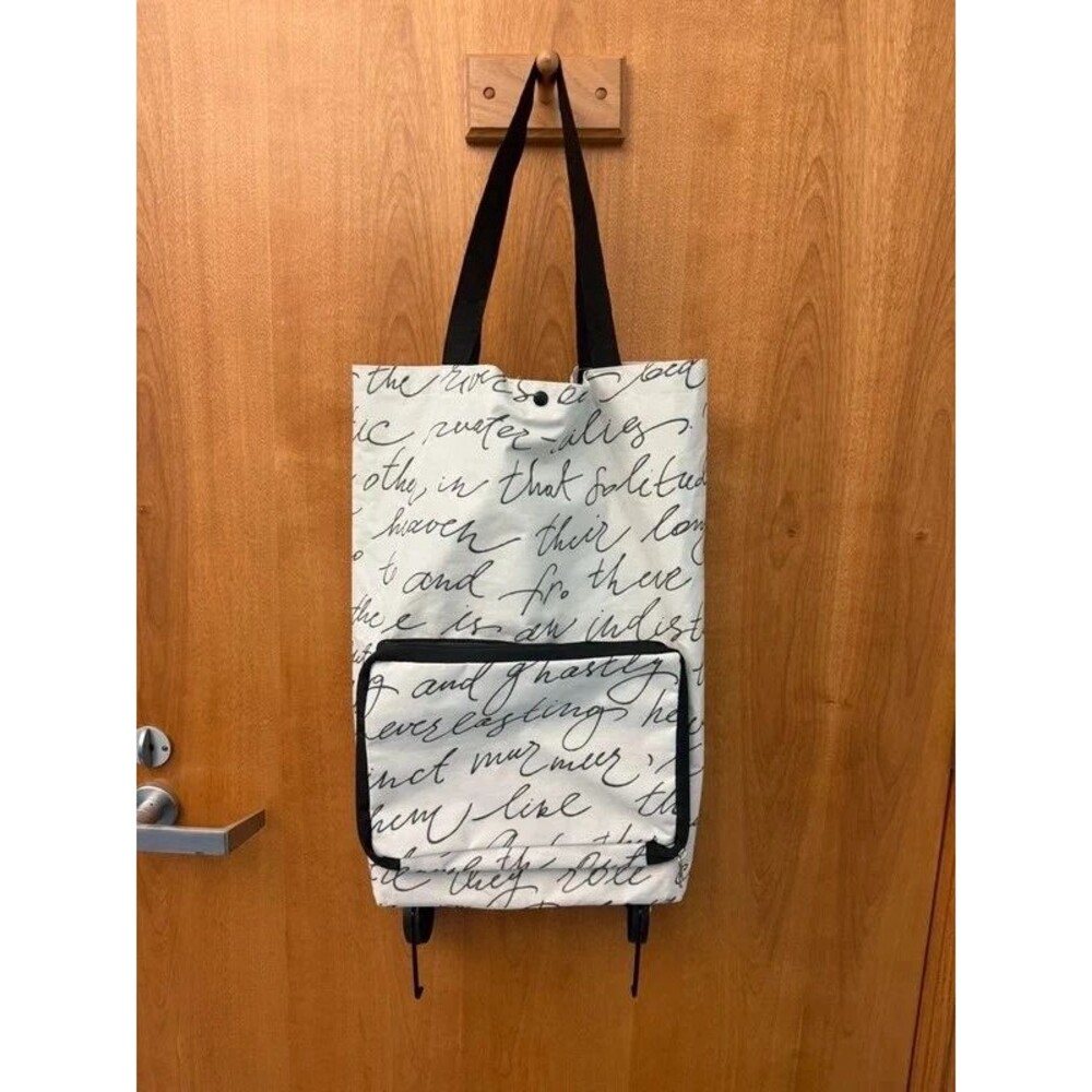 Shopping tote with wheels/ script handwriting